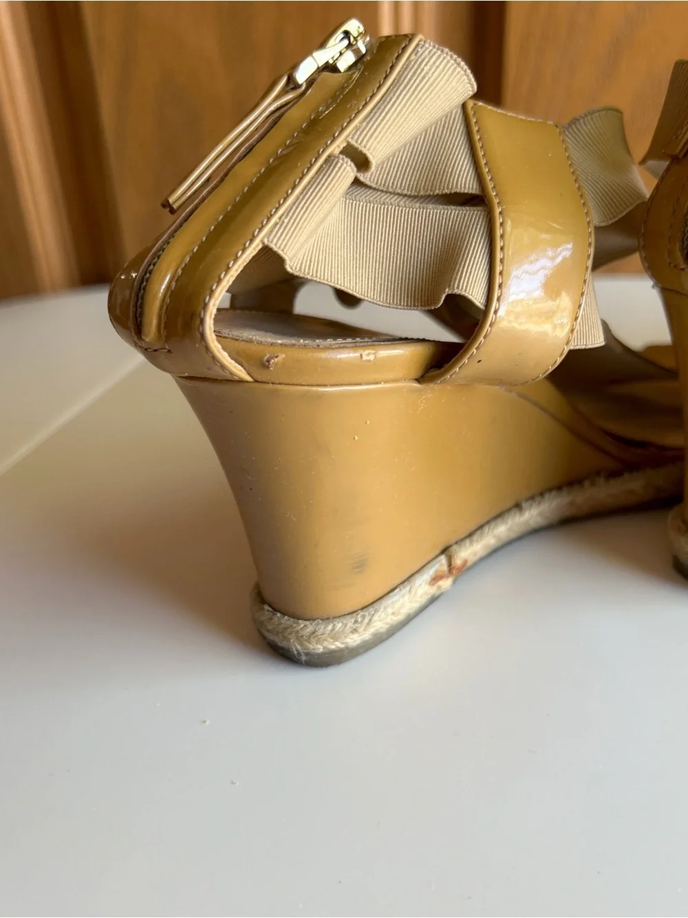 Fendi Patent Leather T-Strap Wedge Sandals Tan Beige EU 35.5
